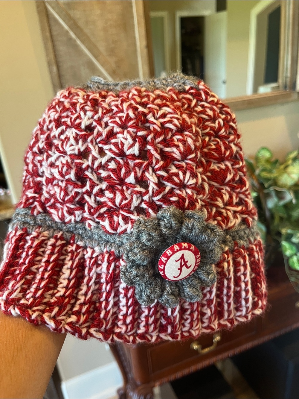 University of Alabama Kids Red & Gray Crochet Beanie Handmade
